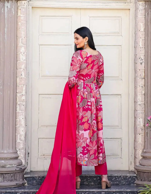 Load image into Gallery viewer, Women&#39;s Floral Pink Designer Alia Cut Kurta Pant Dupatta Suit mahezon
