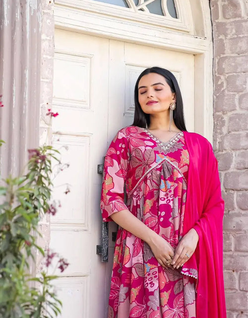 Load image into Gallery viewer, Women&#39;s Floral Pink Designer Alia Cut Kurta Pant Dupatta Suit mahezon
