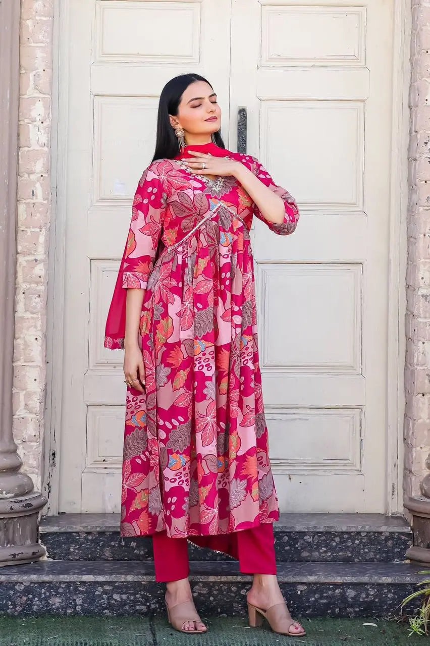 Women's Floral Pink Designer Alia Cut Kurta Pant Dupatta Suit mahezon