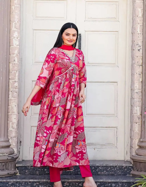 Load image into Gallery viewer, Women&#39;s Floral Pink Designer Alia Cut Kurta Pant Dupatta Suit mahezon
