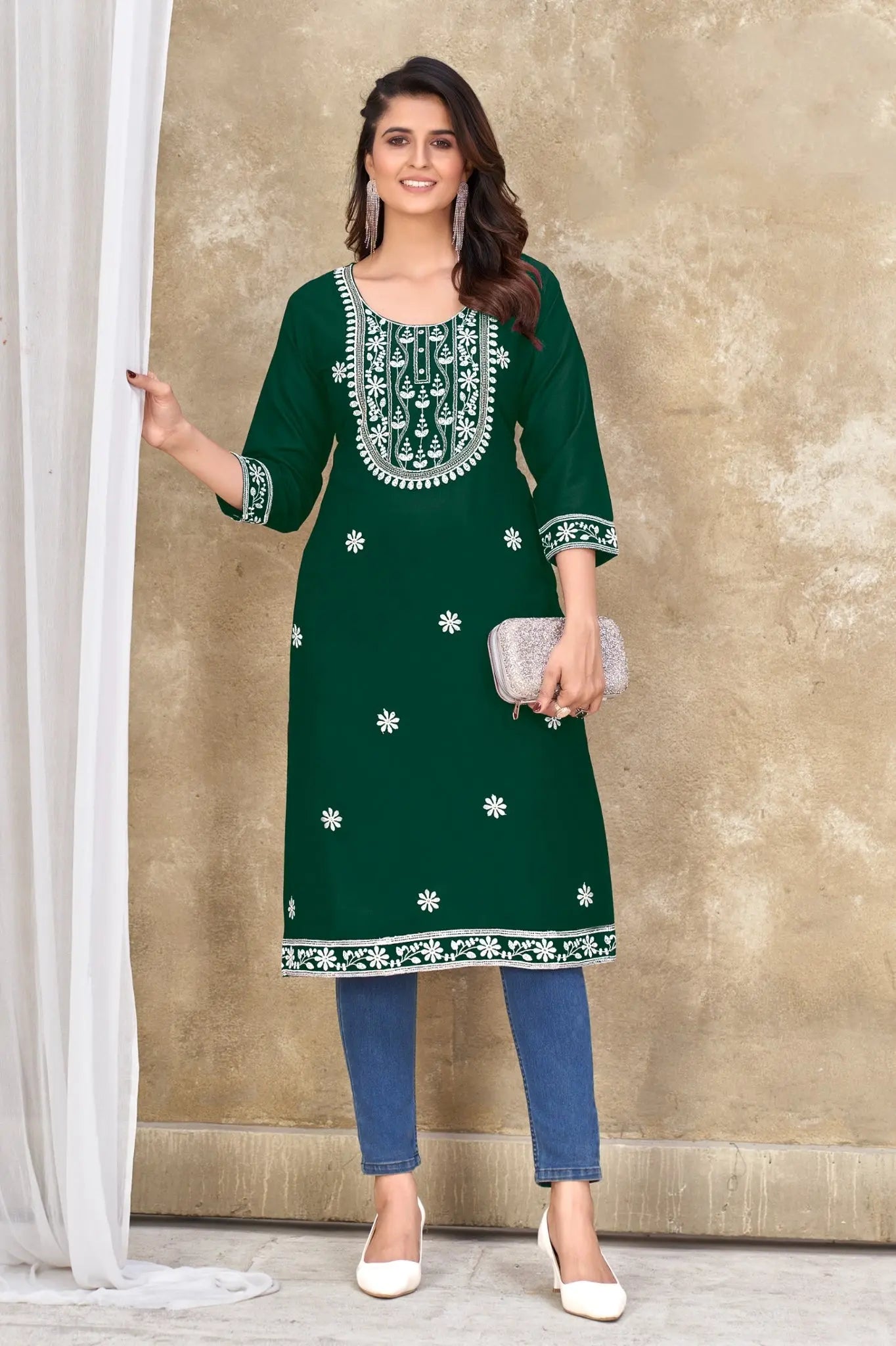 Women's Green Designer Embroidery Kurti mahezon