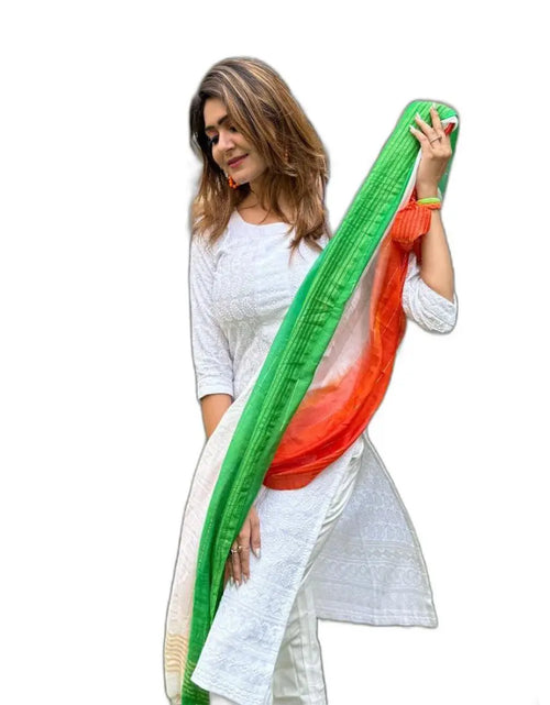 Load image into Gallery viewer, Women&#39;s White Chikankari Kurti with Tricolour Tiranga Dupatta mahezon
