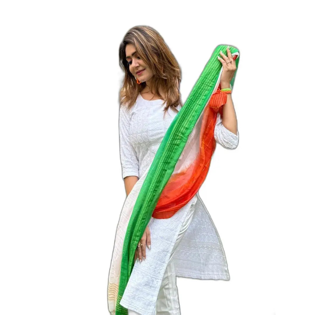 Women's White Chikankari Kurti with Tricolour Tiranga Dupatta mahezon