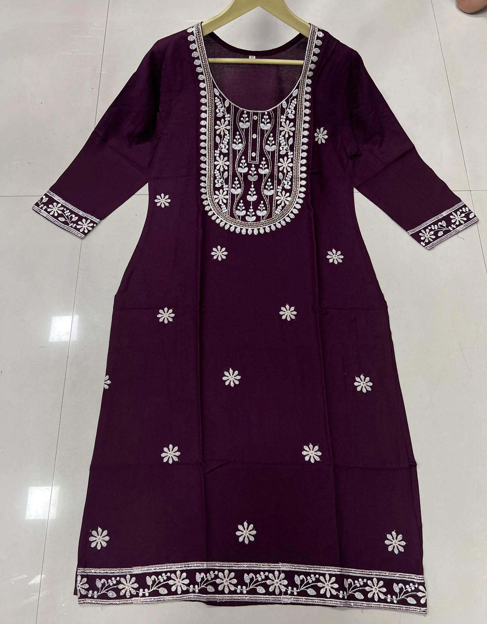 Women's Wine Designer Embroidery Kurti mahezon