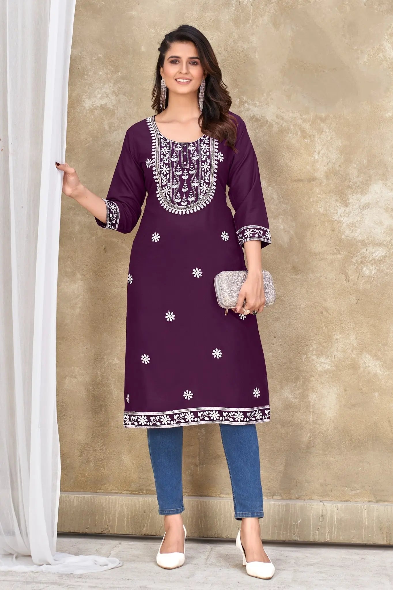 Women's Wine Designer Embroidery Kurti mahezon