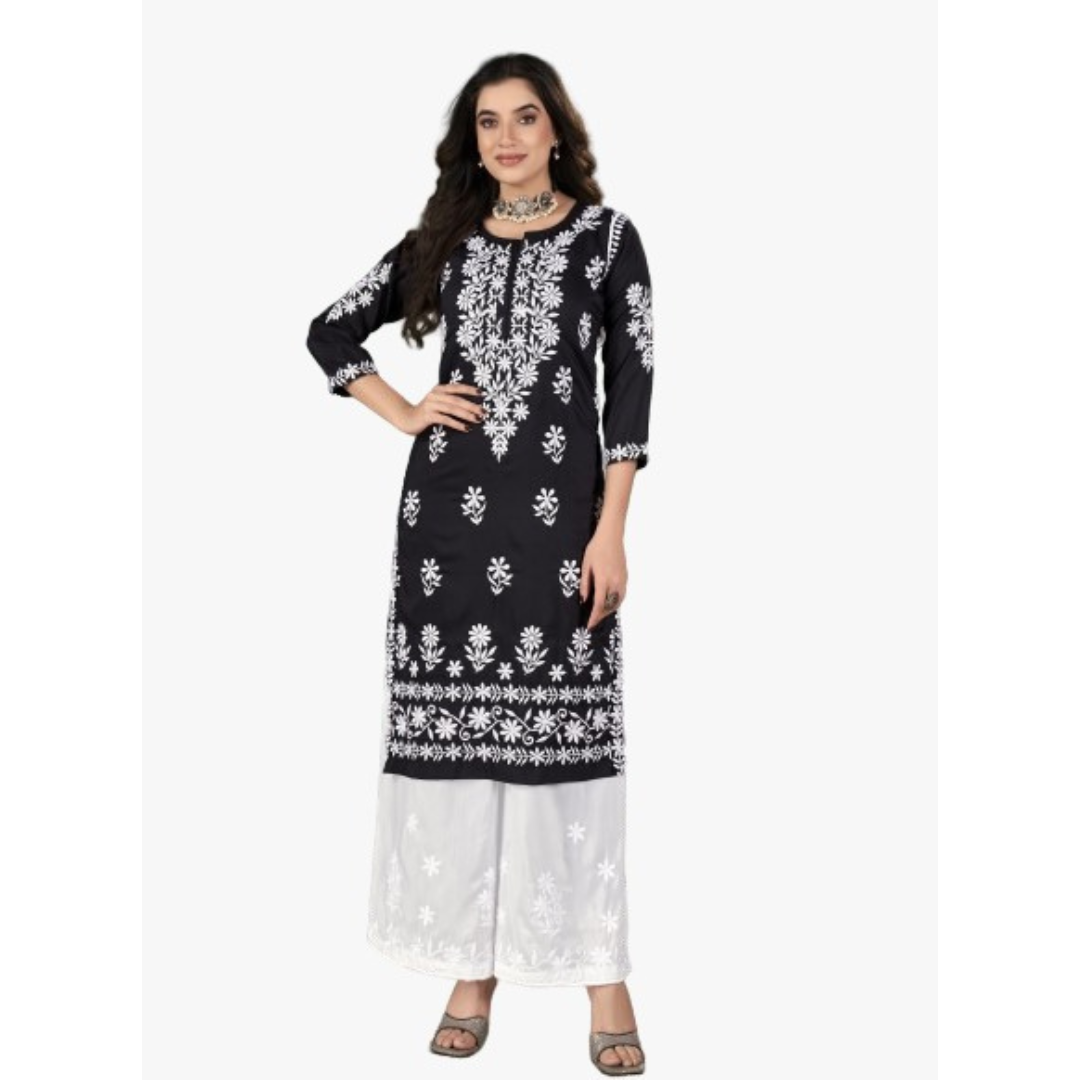 Women's Black Embroidery Chikankari Kurti Palazzo set mahezon