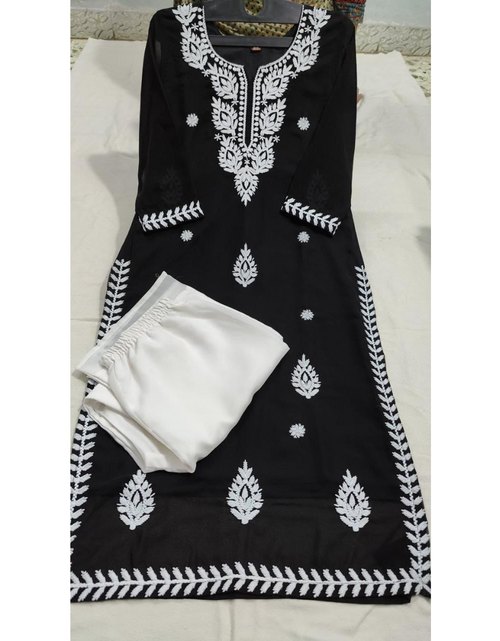 Load image into Gallery viewer, Women&#39;s Black Georgette Lucknowi Chikankari Kurta Palazzo Set (Copy) mahezon
