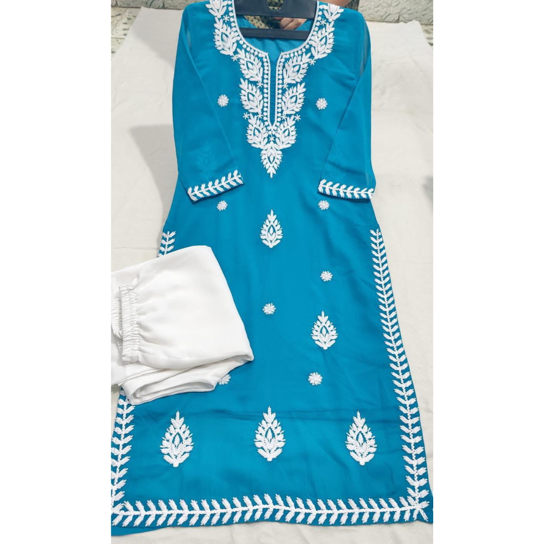 Women's Blue Georgette Lucknowi Chikankari Kurta Palazzo Set mahezon