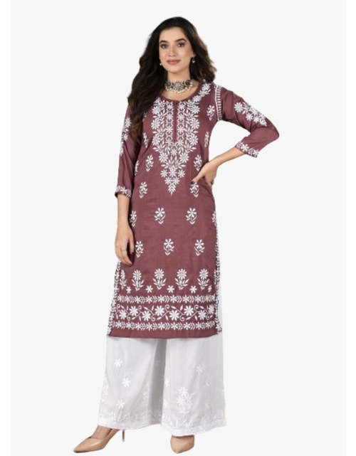 Load image into Gallery viewer, Women&#39;s Brown Embroidery Chikankari Kurti Palazzo set mahezon
