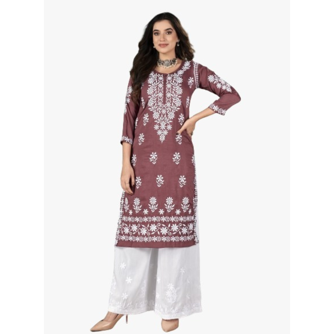 Women's Brown Embroidery Chikankari Kurti Palazzo set mahezon