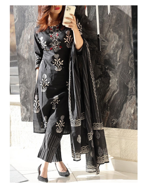 Load image into Gallery viewer, Women&#39;s Cotton Black Aline Kurta Suit mahezon
