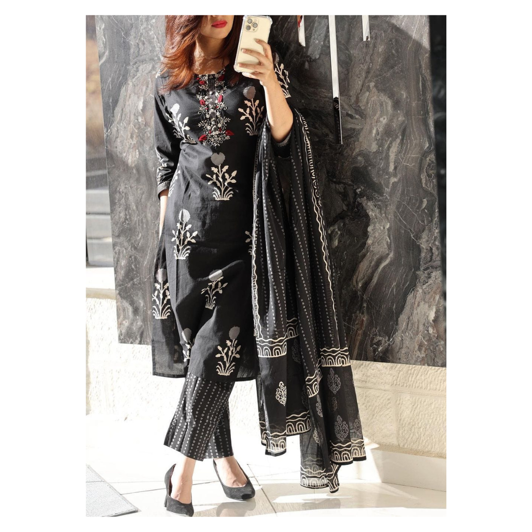 Women's Cotton Black Aline Kurta Suit mahezon