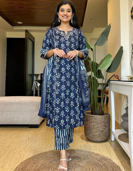 Kurta With Pant And Dupatta - Navy & Golden Pure Cotton hotsell Printed Kurta with Trousers And Dupatta - Plus Size Indian Dress - Ethnic Wear Women