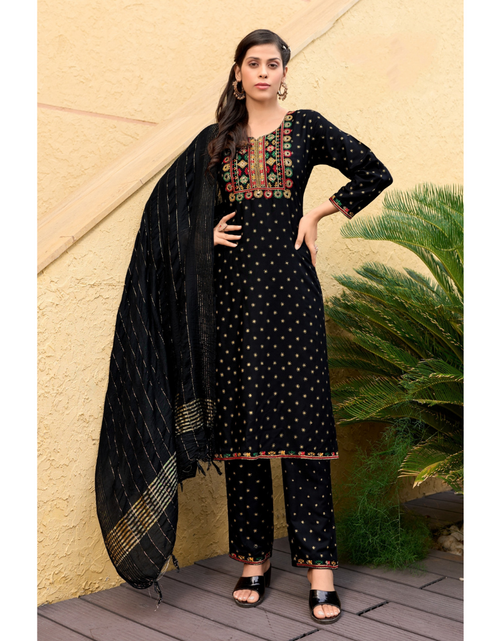 Load image into Gallery viewer, Women&#39;s Designer Black Embroidery Kurta Pant Dupatta Set Party Wear mahezon
