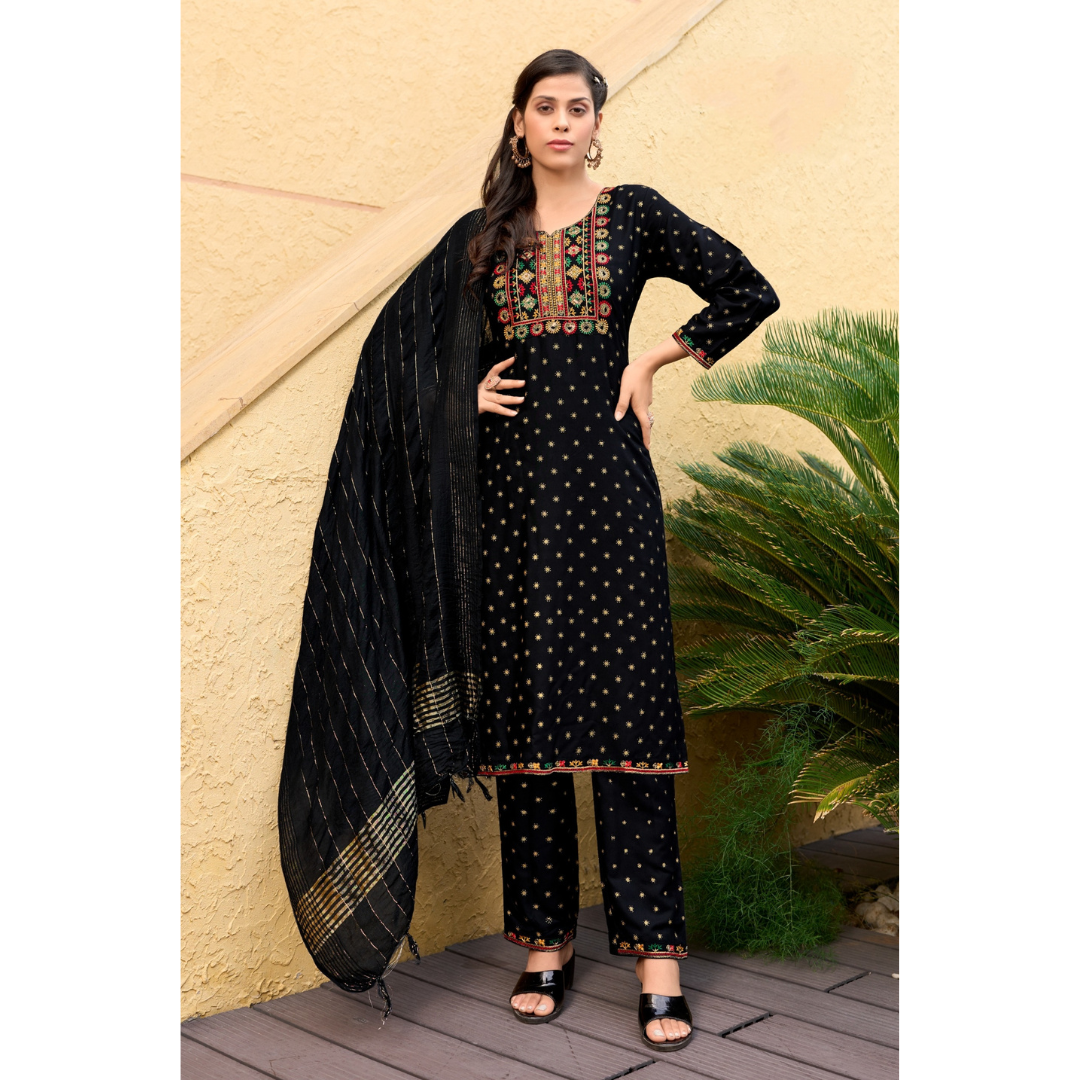 Women's Designer Black Embroidery Kurta Pant Dupatta Set Party Wear mahezon