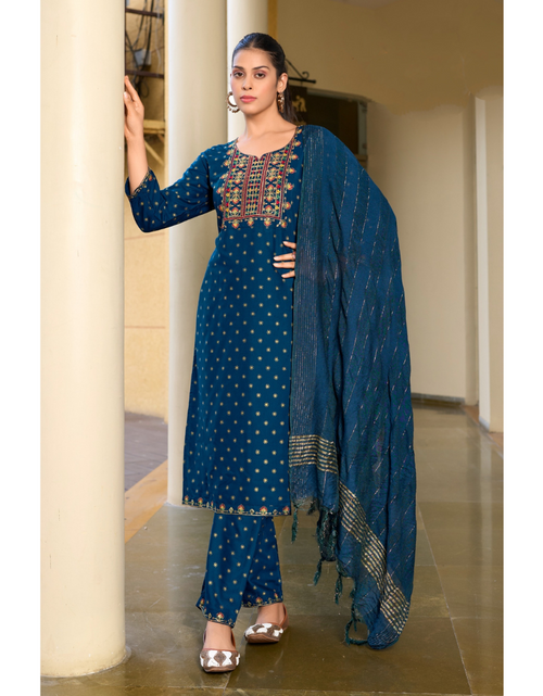 Load image into Gallery viewer, Women&#39;s Designer Blue Embroidery Kurta Pant Dupatta Set Party Wear mahezon
