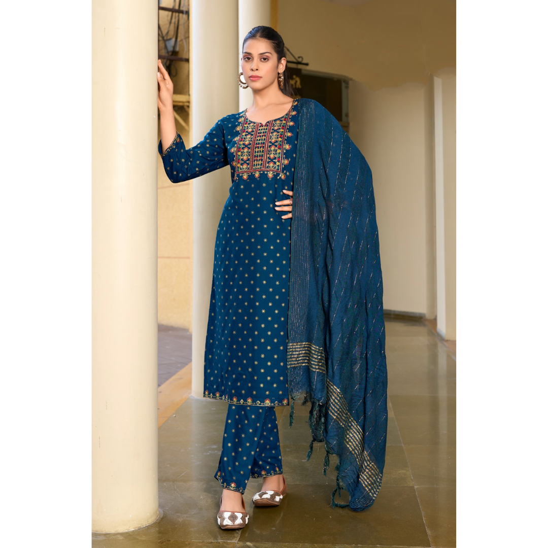 Women's Designer Blue Embroidery Kurta Pant Dupatta Set Party Wear mahezon