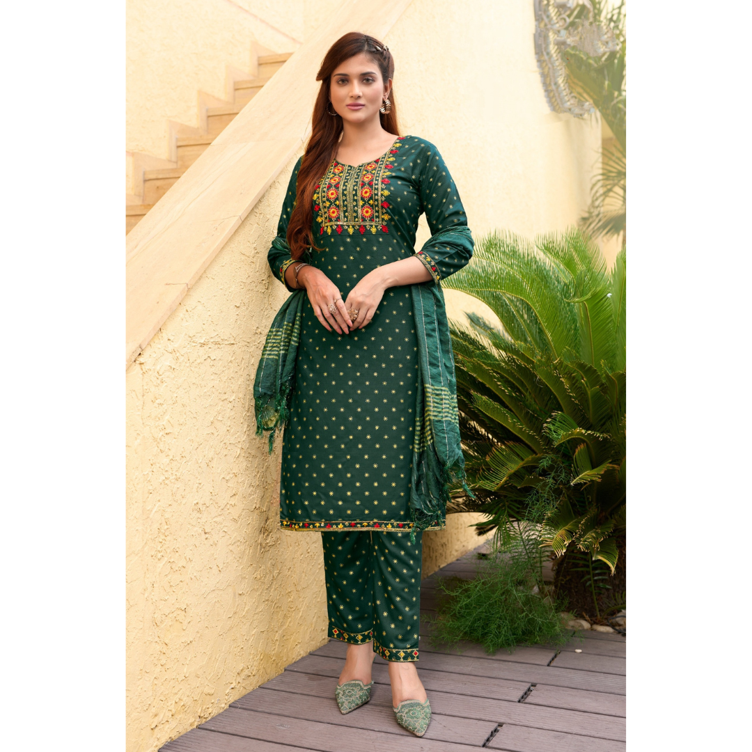 Women's Designer Green Embroidery Kurta Pant Dupatta Set Party Wear mahezon