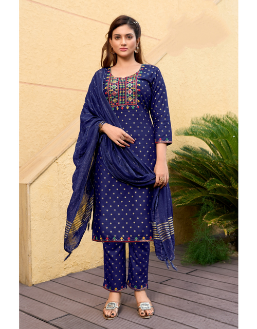 Load image into Gallery viewer, Women&#39;s Designer Navy Blue Embroidery Kurta Pant Dupatta Set Party Wear mahezon
