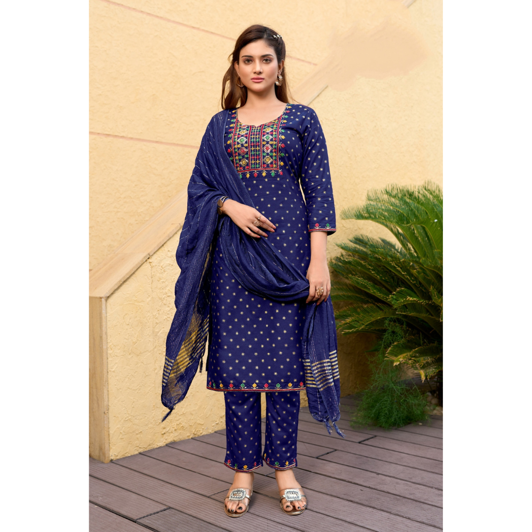 Women's Designer Navy Blue Embroidery Kurta Pant Dupatta Set Party Wear mahezon