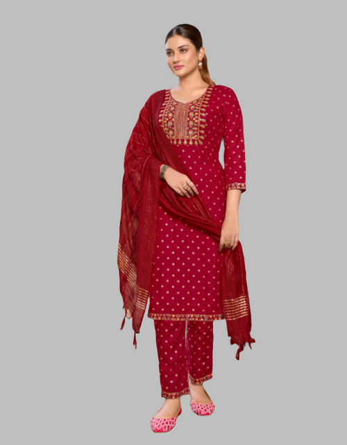 Load image into Gallery viewer, Women&#39;s Designer Red Embroidery Kurta Pant Dupatta Set Party Wear
