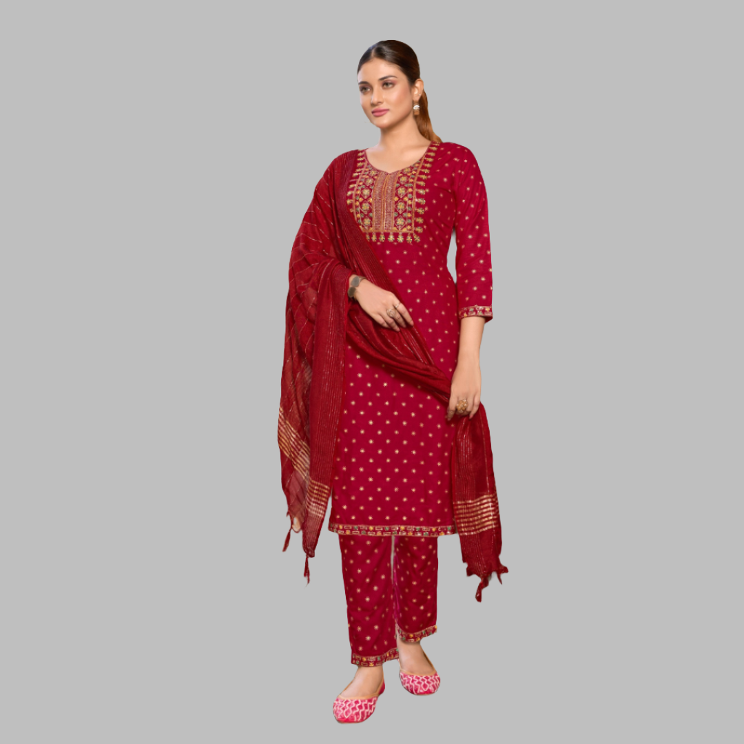 Women's Designer Red Embroidery Kurta Pant Dupatta Set Party Wear