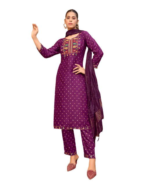 Load image into Gallery viewer, Women&#39;s Designer Wine Embroidery Kurta Pant Dupatta Set Party Wear
