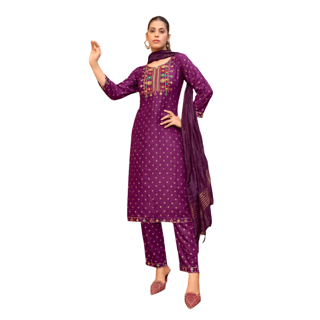 Women's Designer Wine Embroidery Kurta Pant Dupatta Set Party Wear