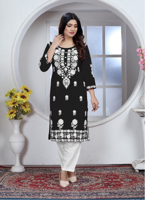 Load image into Gallery viewer, Women&#39;s Embroidery Black Lucknow Chikankari Kurta Pant Set
