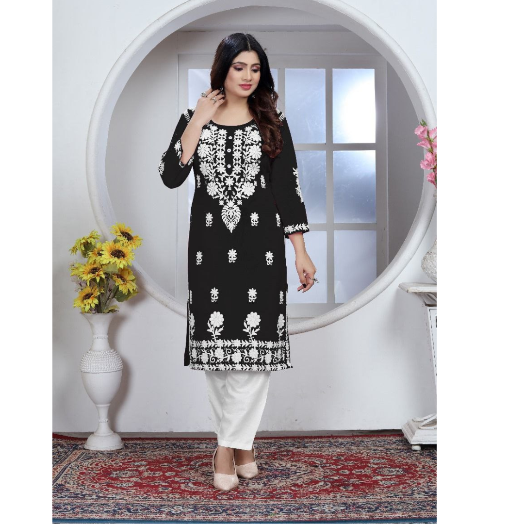 Women's Embroidery Black Lucknow Chikankari Kurta Pant Set