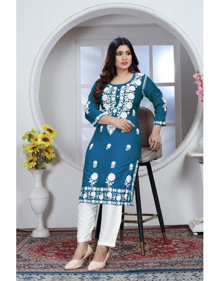 Women's Embroidery Blue Lucknow Chikankari Kurta Pant Set