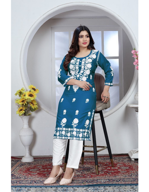 Load image into Gallery viewer, Women&#39;s Embroidery Blue Lucknow Chikankari Kurta Pant Set
