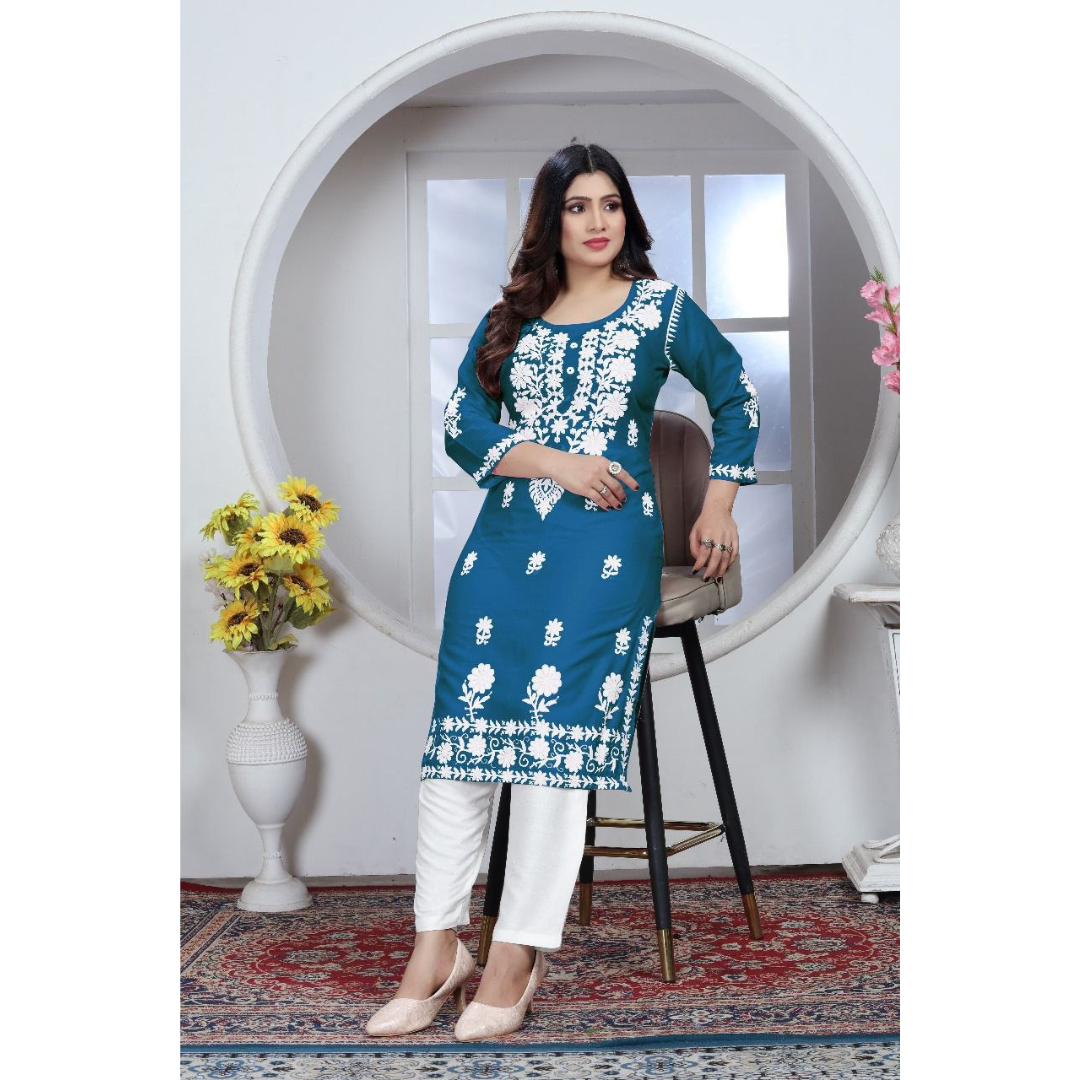 Women's Embroidery Blue Lucknow Chikankari Kurta Pant Set