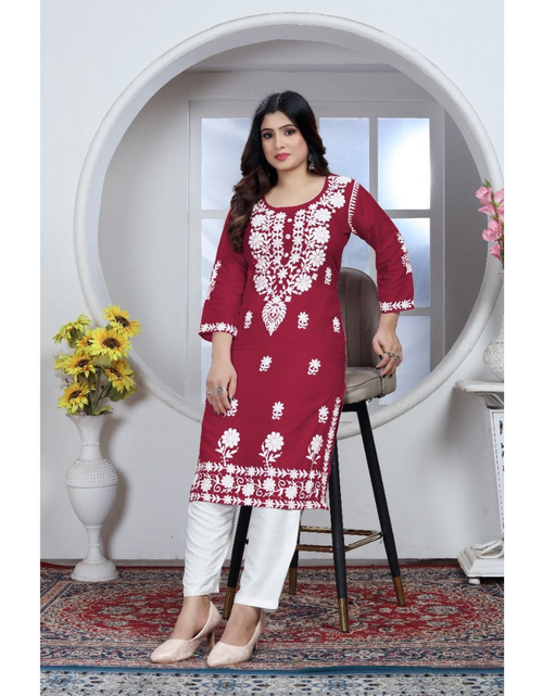 Load image into Gallery viewer, Women&#39;s Embroidery Maroon Lucknow Chikankari Kurta Pant Set mahezon
