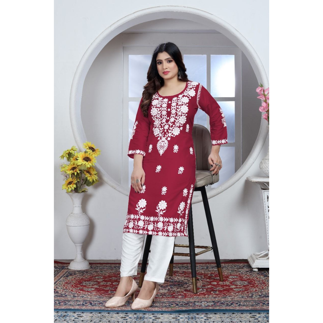 Women's Embroidery Maroon Lucknow Chikankari Kurta Pant Set mahezon