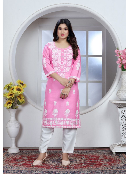 Women's Embroidery Pink Lucknow Chikankari Kurta Pant Set