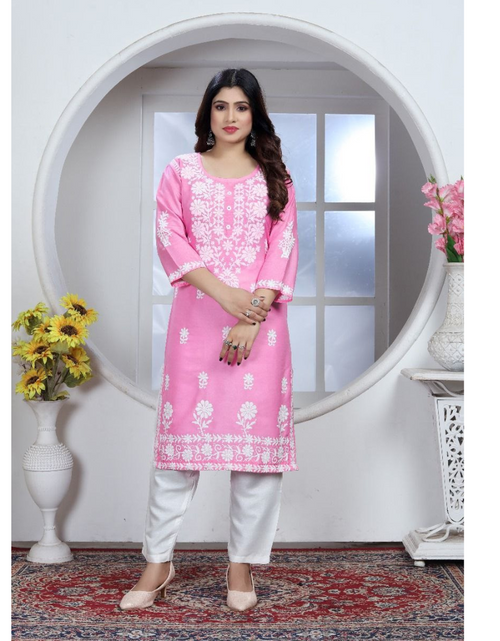 Load image into Gallery viewer, Women&#39;s Embroidery Pink Lucknow Chikankari Kurta Pant Set
