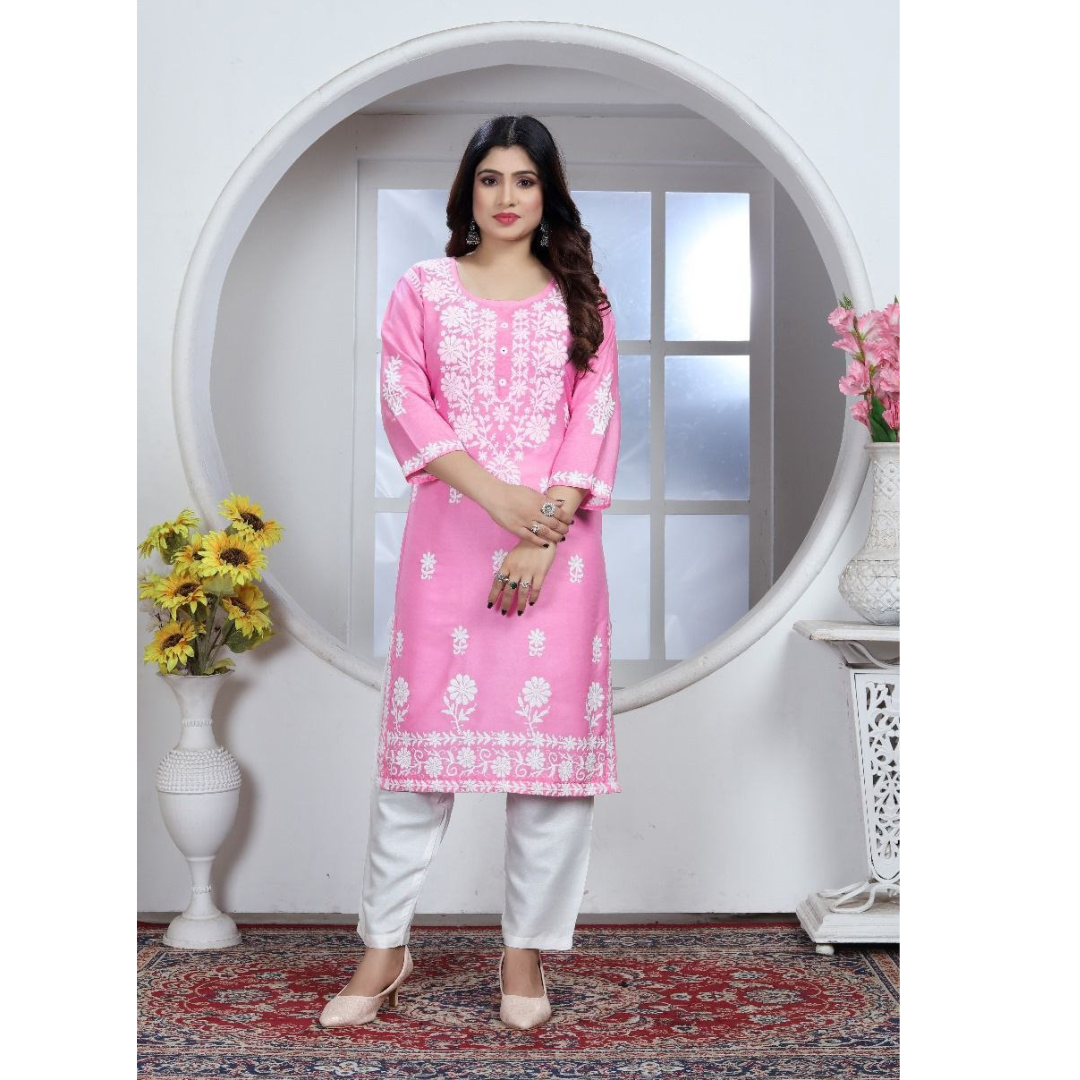 Women's Embroidery Pink Lucknow Chikankari Kurta Pant Set