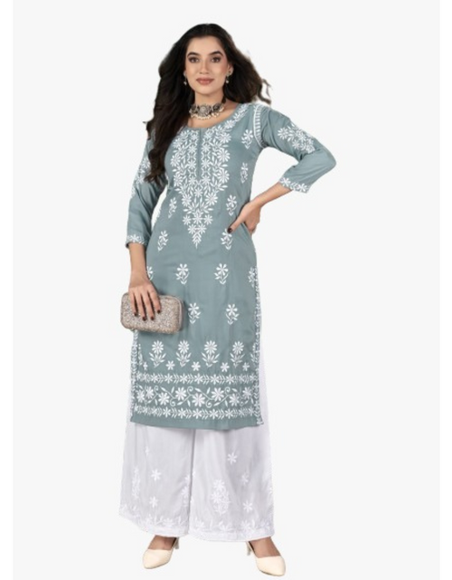 Load image into Gallery viewer, Women&#39;s Gray Embroidery Chikankari Kurti Palazzo set mahezon
