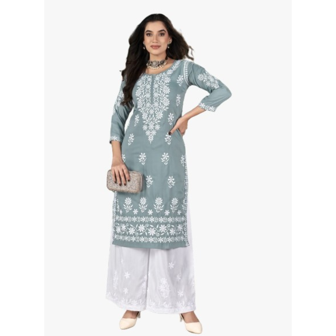 Women's Gray Embroidery Chikankari Kurti Palazzo set mahezon