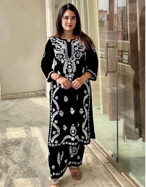 Load image into Gallery viewer, Women&#39;s Lucknowi Black Embroidery Kurta Pant set for Wedding and Raksha bandhan mahezon
