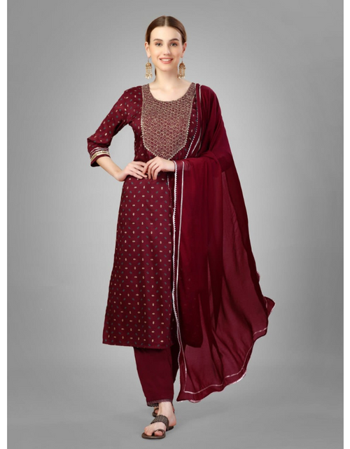 Diana Maroon Silk Kurti with Golden Lines and Maroon Silk Pant