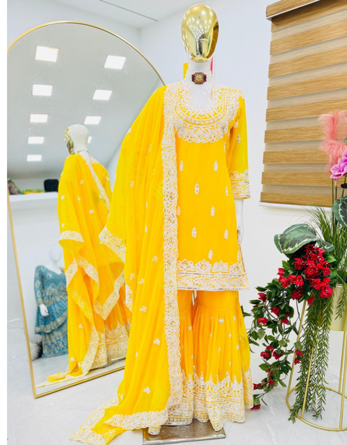 Load image into Gallery viewer, Women&#39;s Party Yellow Sharara Suit with Dupatta Set for Diwali and Festival mahezon
