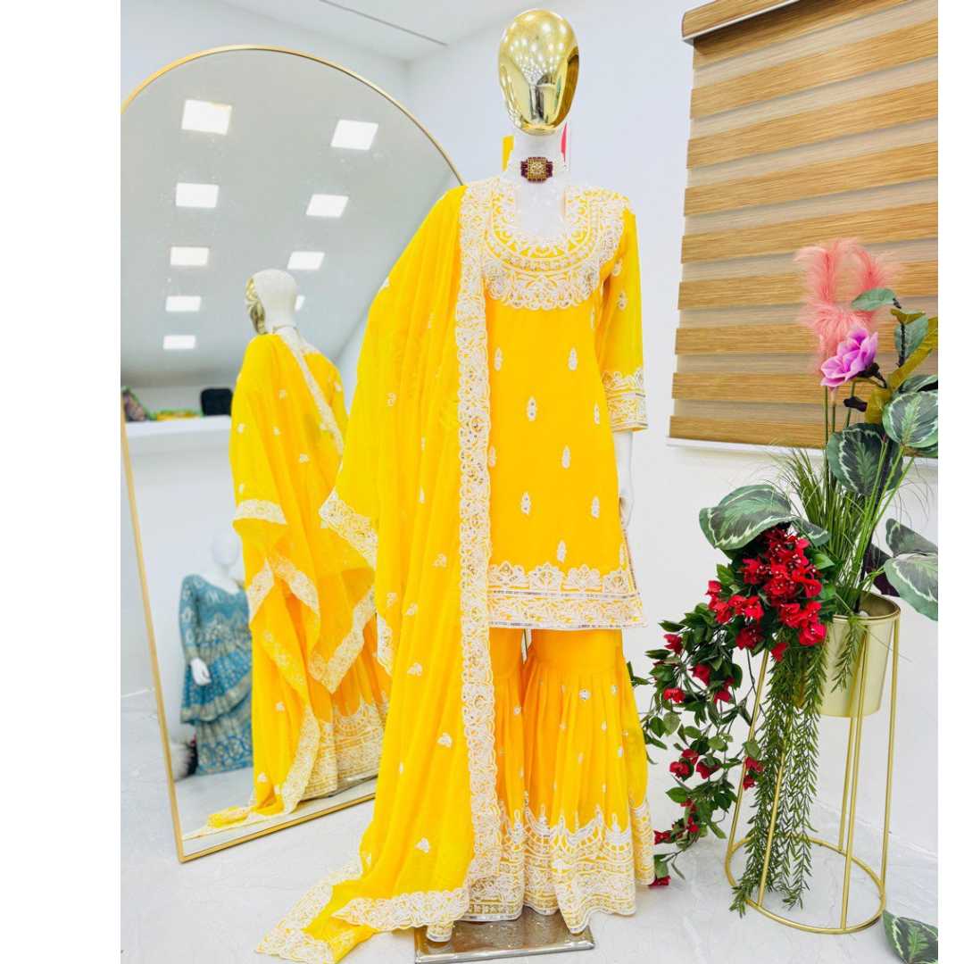 Women's Party Yellow Sharara Suit with Dupatta Set for Diwali and Festival mahezon