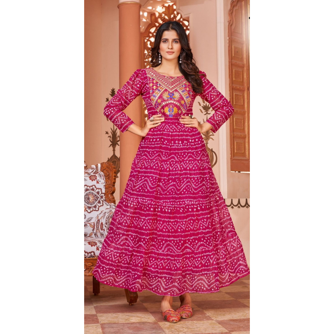 Women's Pink Leheriya Gown Party Wear mahezon