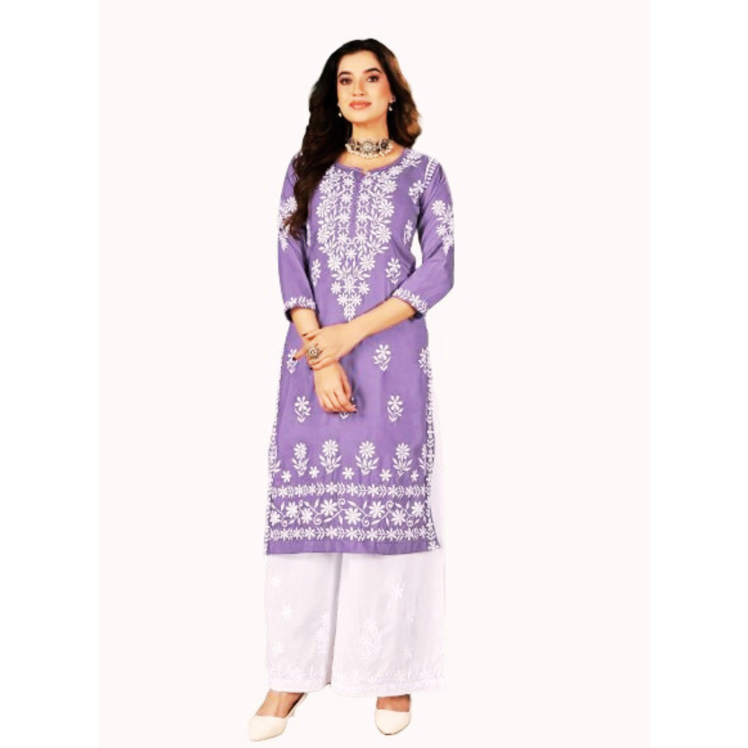 Women's Purple Embroidery Chikankari Kurti Palazzo set mahezon