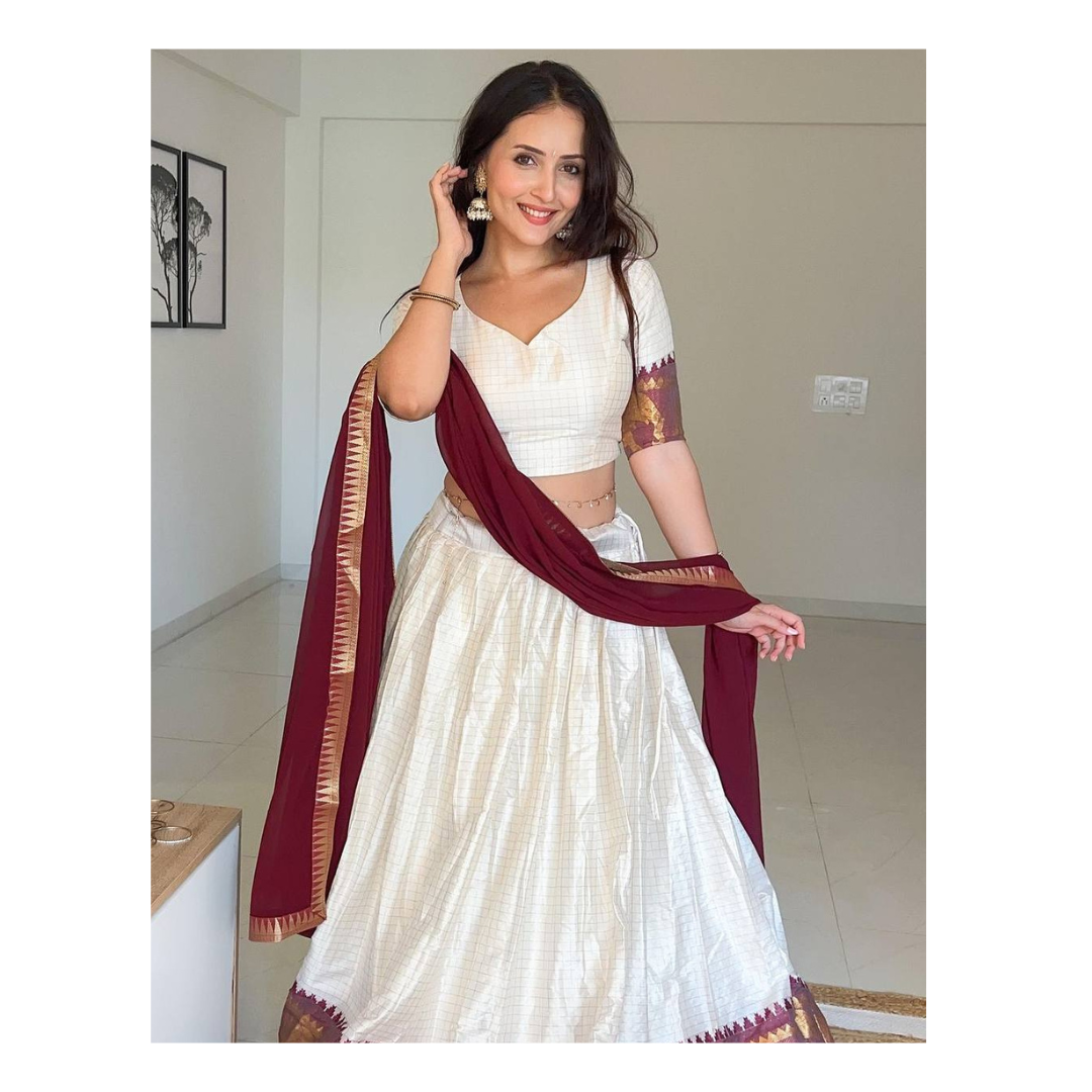 Women's Ready to Wear White Lehenga Choli Dupatta mahezon