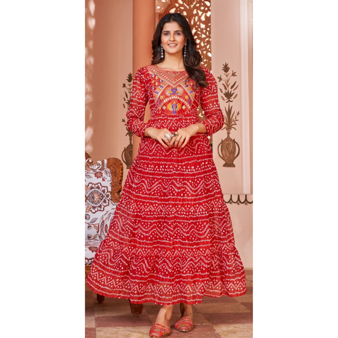 Women's Red Leheriya Gown Party Wear mahezon