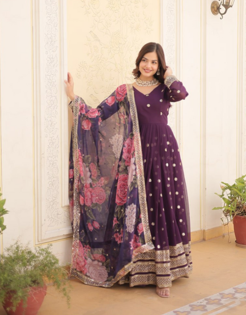 Load image into Gallery viewer, Women&#39;s Wine Gown Dupatta Set
