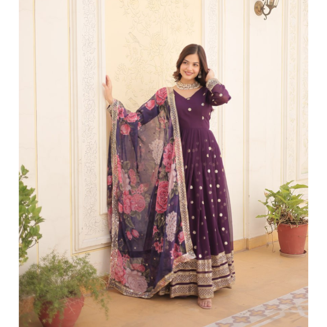 Women's Wine Gown Dupatta Set